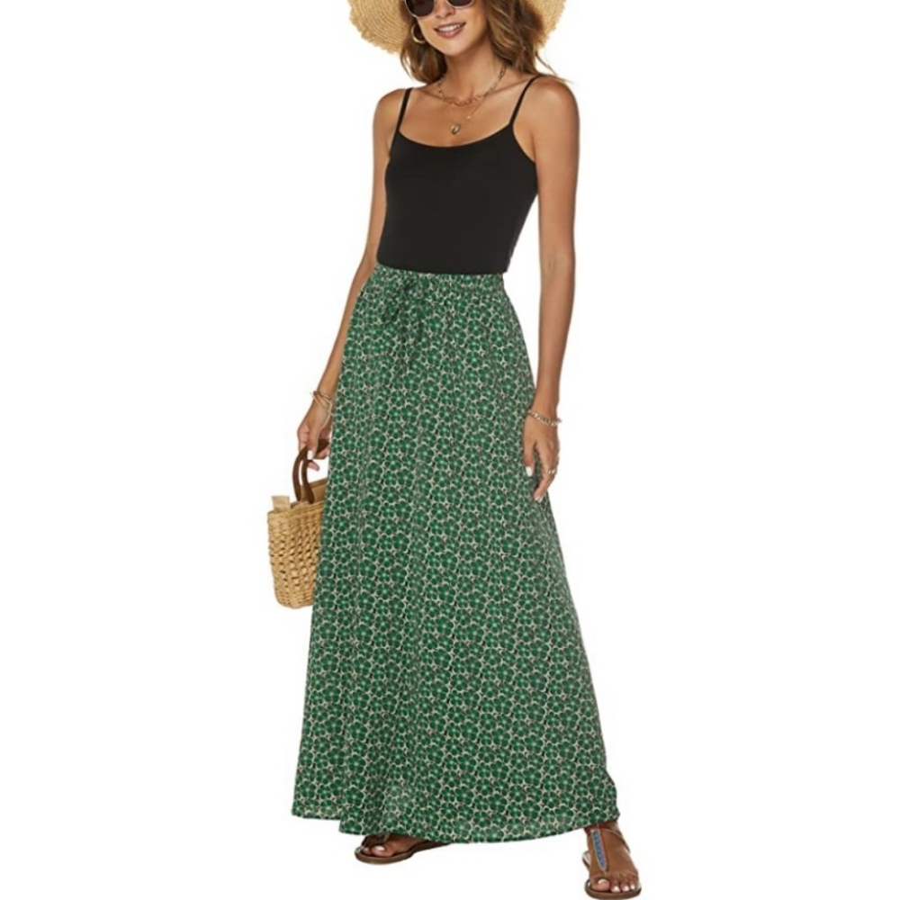Green Floral Maxi Skirt Stretch Waist Drawstring Bluetime Size Medium